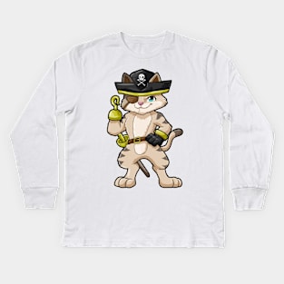 Cat as pirate with dagger and saber Kids Long Sleeve T-Shirt